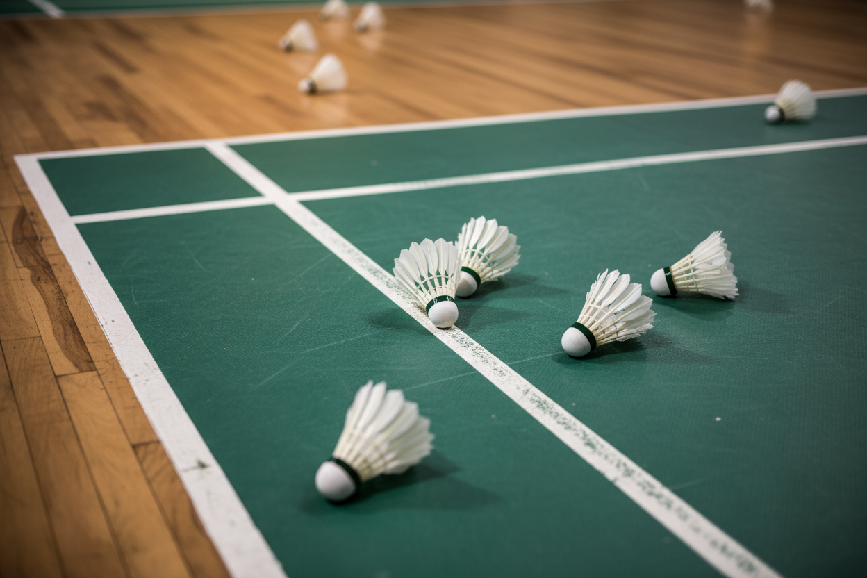 closer up view of the badminton court floor and with a few badminton shuttlecocks laying around 